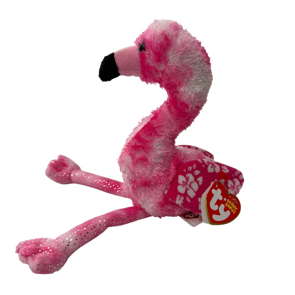 Ty Beanie Baby Tiki Flamingo Pink Tropical Bird Plush 2007 Hibiscus Wings Toy